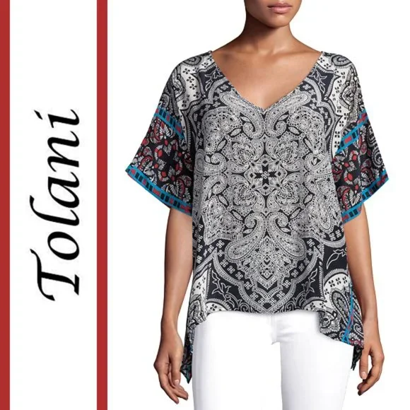 Tolani | 'Briyanna' Multi-Printed Silk V Neck Top - Picture 12 of 12